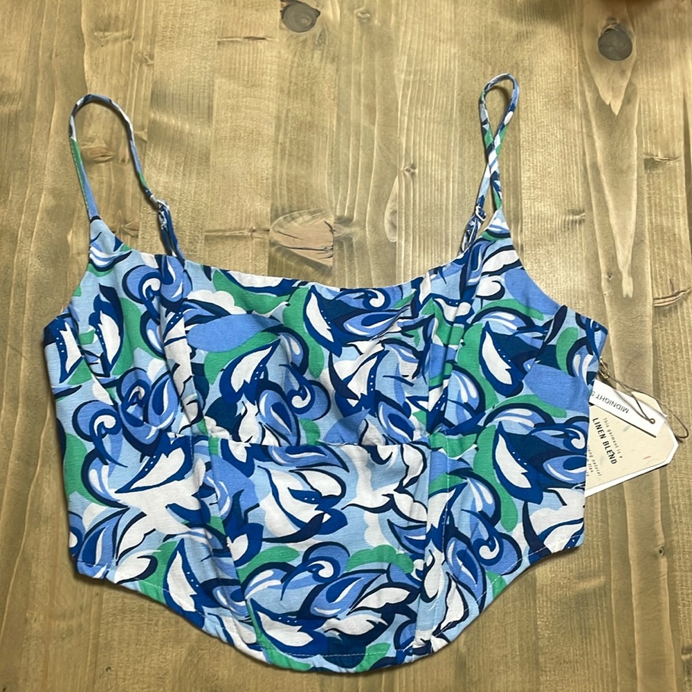 Midnight Sky Linen Blend Floral Corset Crop Top